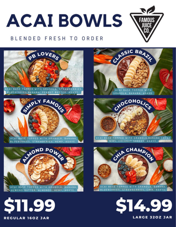 Our Menu Offers Cold Pressed Juices, Smoothies, Acai Bowls & More!