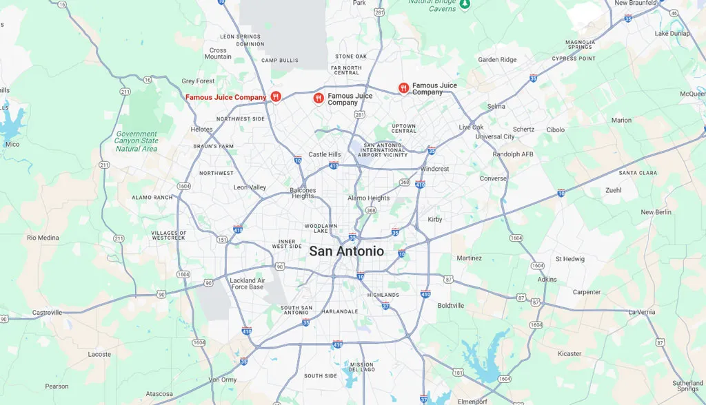 Map of all our juice shop locations in San Antonio, Texas